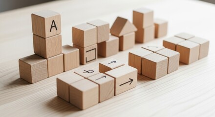 Fototapeta premium Educational wooden cubes with simple symbols and arrows arranged in rows, suggesting logic, learning, coding and problem solving
