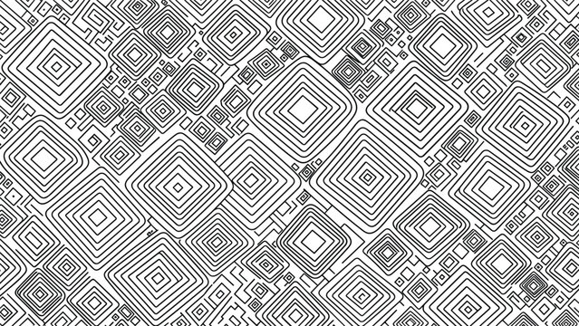 Intricate seamless black and white abstract pattern featuring a complex arrangement of interlocking and nested square and diamond shapes, creating a maze-like texture.