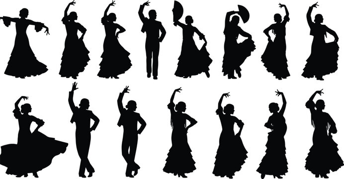 Flamenco dancer silhouette collection, Spanish traditional dance performance poses, cultural festival movement illustration, performing arts costume design, passionate dance vector isolated background