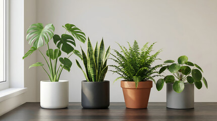 Obraz premium A serene collection of diverse indoor houseplants in stylish pots, thoughtfully arranged to enhance the natural beauty and fresh green aesthetic of a modern home interior.