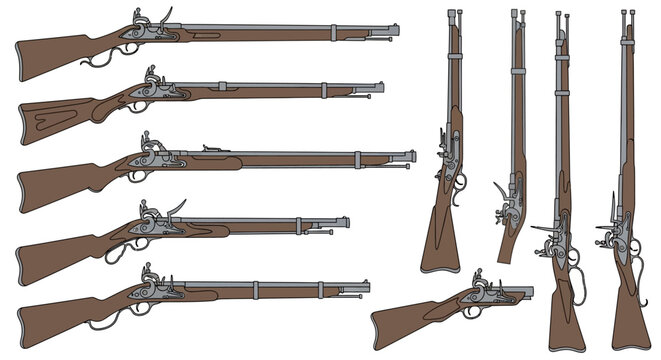 Vintage Flintlock Muskets and Rifles in Various Angles and Views
