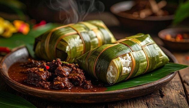 Traditional Malaysian Hari Raya food scene featuring freshly cooked ketupat wrapped in woven palm leaves served with rich, thick kuah rendang. The ketupat is neatly sliced, revealing soft white rice.