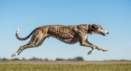 Greyhound dog running swiftly on grassy field under blue sky  