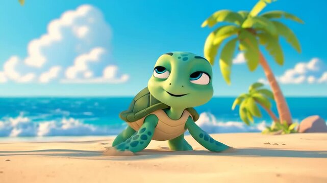Cute green turtle cartoon character walking on tropical beach with blue ocean and palm trees, cheerful summer vacation for kids and fun themes