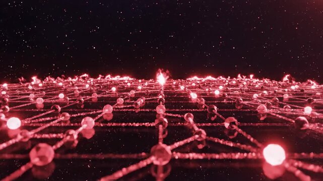 Seamless loop of a pulsating centralized red network connecting expanding geometric nodes across a vast dark conceptual space digital, vast, ai