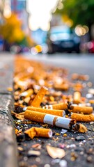 Close-up of cigarette butts discarded on a city street curb, emphasizing pollution
