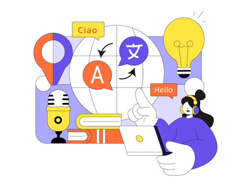 Translator Service Vector Illustration Showing Multilanguage Translation Across Various Countries Using A Dictionary In Flat Cartoon Style Background