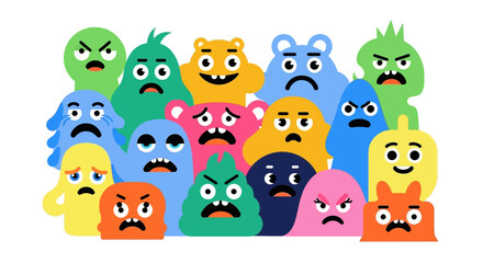 Obraz premium A diverse group of colorful, cartoonish monsters expressing a variety of negative emotions like anger, sadness, and fear.