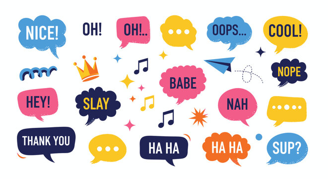A vibrant collection of colorful speech bubbles with various popular slang words and expressions, perfect for graphic design and social media.