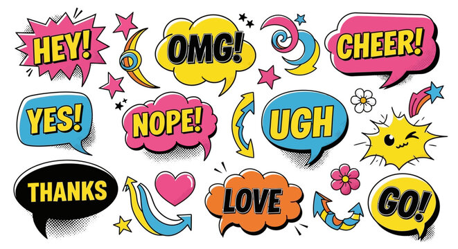 A vibrant collection of comic-style speech bubbles and graphic elements, featuring words like 'Hey!', 'OMG!', 'Yes!', 'Nope!', 'Ugh', 'Thanks', 'Love', and 'Go!'.