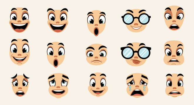 A collection of 15 cartoon faces displaying a wide range of human emotions and expressions.