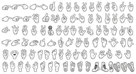 Naklejka premium A comprehensive collection of hand and foot gestures, including various poses and expressions, presented in a black and white line art style.