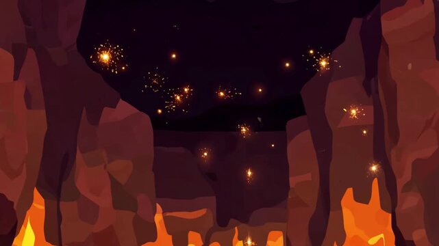 Cartoon Hell Cave with Fire and Sparks Animation. A hellish underground cavern featuring burning flames, glowing embers, and a dark, dramatic atmosphere in a stylized 2D cartoon art style.