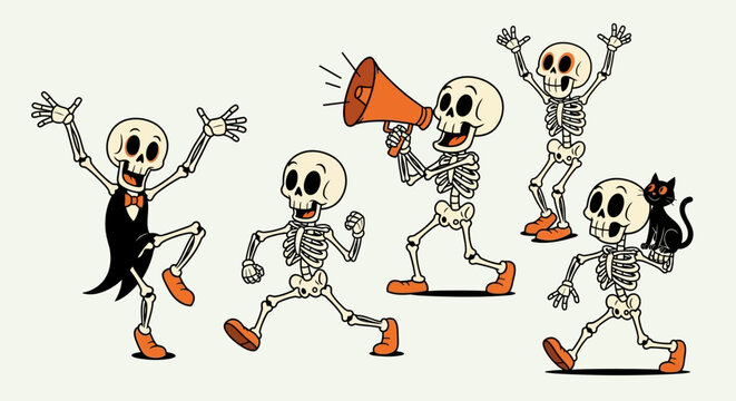 A group of cartoon skeletons are dancing and marching in a playful and energetic manner, with one skeleton holding a megaphone.
