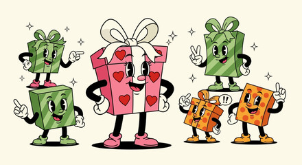 Fototapeta premium A group of anthropomorphic gift boxes with cartoon eyes and limbs, celebrating together.