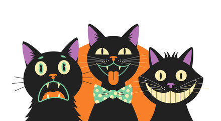 Fototapeta premium Three cartoon black cats with exaggerated expressions and purple ears against an orange circle.