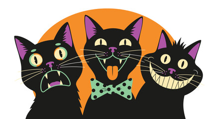 Obraz premium Three cartoon black cats with exaggerated expressions and Halloween-themed colors against an orange circular background.