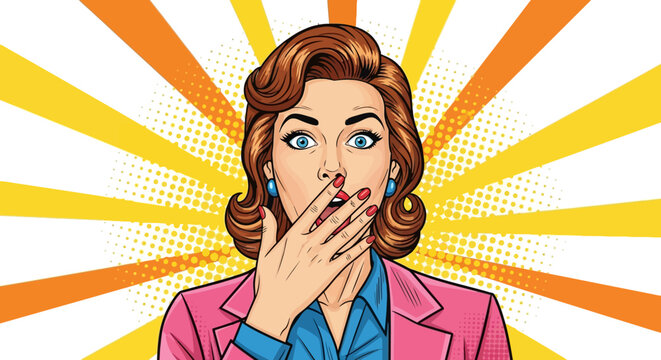 Retro woman with wide eyes and hand covering her mouth in shock or surprise.