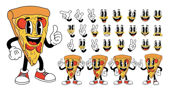 Retro cartoon pizza character with various expressive hand gestures and facial expressions, perfect for animation and design.