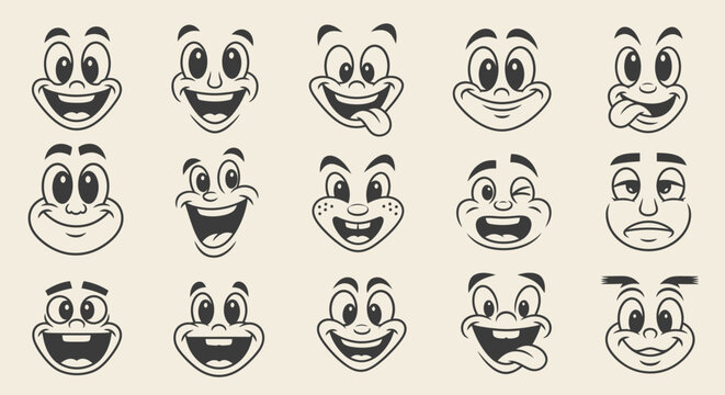 A collection of 15 cartoon faces displaying a variety of distinct emotions and expressions.