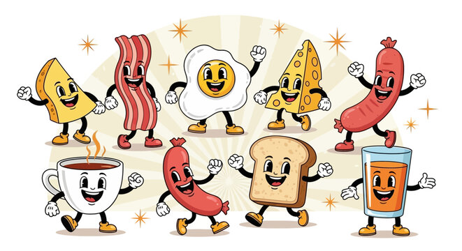 A vibrant and whimsical illustration of anthropomorphic breakfast food items dancing and celebrating together.