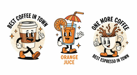 Retro cartoon characters of a coffee cup, orange juice, and espresso cup giving thumbs up. © Budi