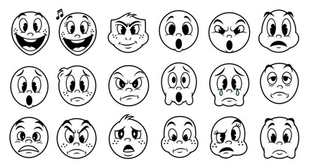 Obraz premium A collection of 20 black and white cartoon faces expressing a wide range of emotions and reactions.