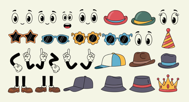 A collection of cartoonish facial features, hands, legs, and hats, designed for character creation.