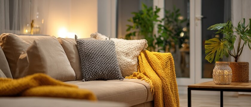 Cozy sofa with pillows and blanket interior