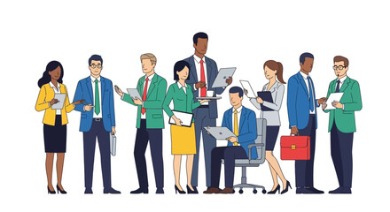 Fototapeta premium A diverse group of professionals in business attire standing and sitting with documents and laptops.