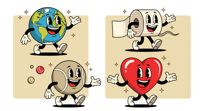 Retro cartoon characters of Earth, toilet paper, tennis ball, and heart waving cheerfully.