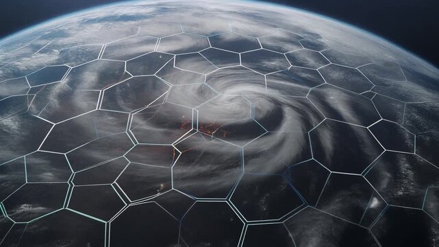A planet with hexagonal storm patterns viewed from orbit