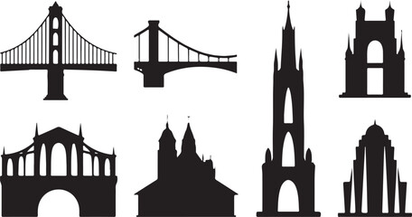 Obraz premium Collection of black architectural silhouettes on white background