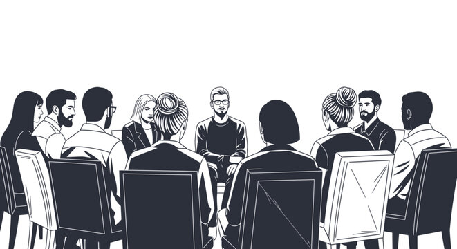 A group of diverse people sitting in a circle, listening to a man in the center.