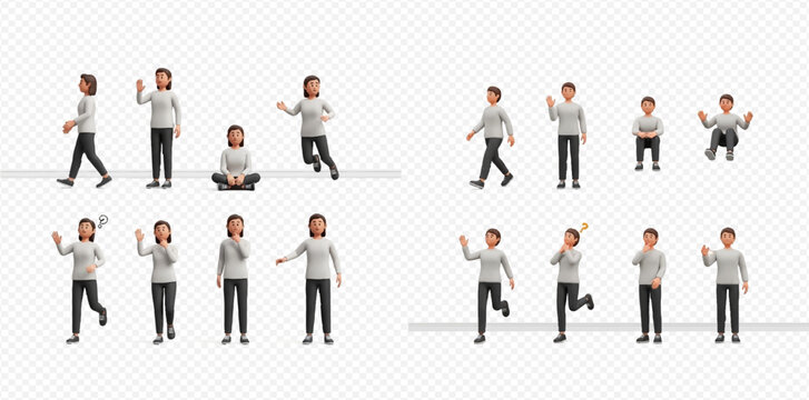 Set of 3D rendered cartoon character woman in various poses, expressions, and actions for diverse design needs.
