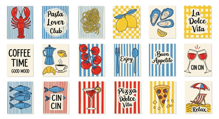 A collection of 18 colorful, hand-drawn illustrations featuring various food and drink items, Italian phrases, and leisure themes on striped backgrounds, perfect for postcards or kitchen decor.