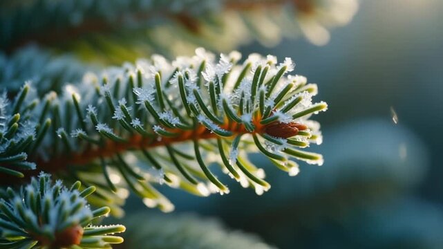 Close-up of frost-covered pine needles on a winter morning.