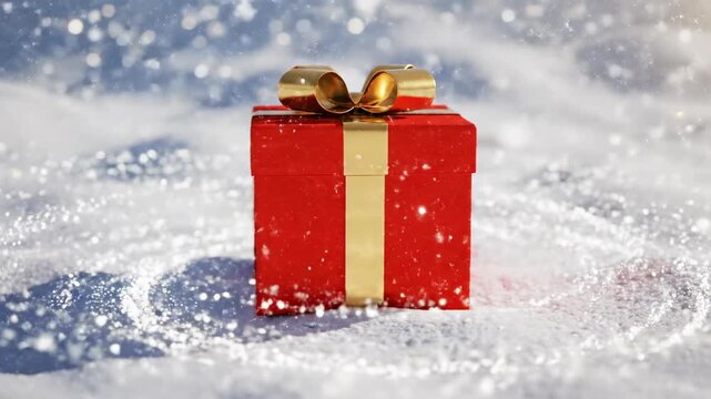 Seamless loop of a rotating geometric bright red cube present package tied with a festive ribbon on an endless abstract surface of gently swirling snow festive, graphics, seamless