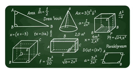 A green chalkboard displaying various geometric shapes and mathematical formulas, including triangles, cones, cubes, and parallelograms, with equations written in chalk. © Andi