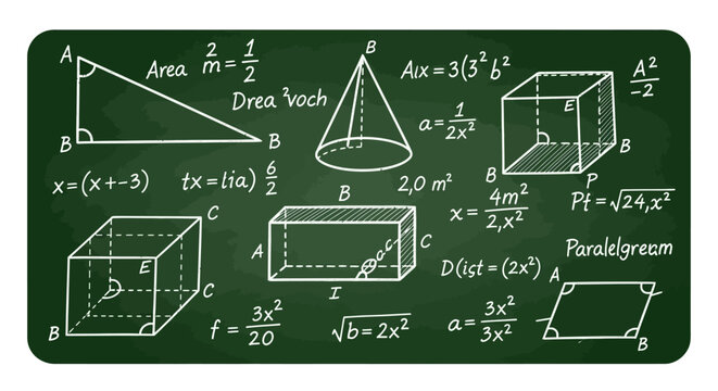 A green chalkboard displaying various geometric shapes and mathematical formulas, including triangles, cones, cubes, and parallelograms, with equations written in chalk.