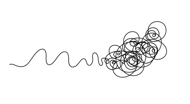 A single black line starts as a smooth wave and becomes increasingly tangled and chaotic.