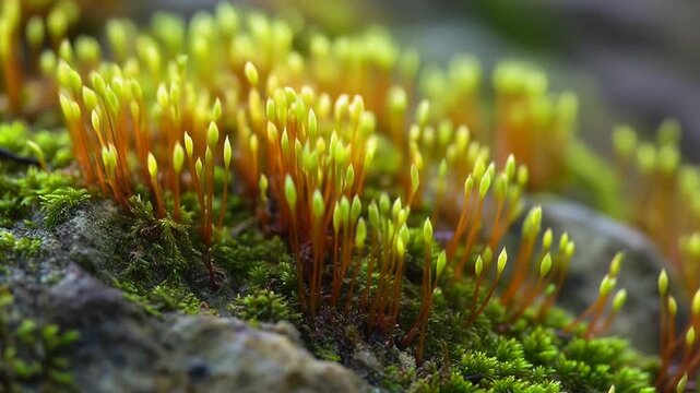 Close-up of vibrant green moss with yellow sporophytes growing on a rock surface.