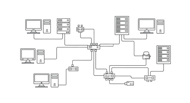 Detailed schematic diagram illustrating a modern office local area network topology connecting workstations servers and various network devices through switches and routers.