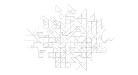 Fototapeta premium Minimalist black and white abstract geometric design featuring an intricate cluster of overlapping triangles circles and squares connected by thin lines