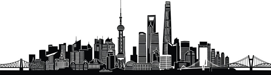 Obraz premium Shanghai China city skyline silhouette vector illustration, featuring Oriental Pearl Tower, financial district skyscrapers, bridges, and urban landmarks, isolated black cityscape design for SEO