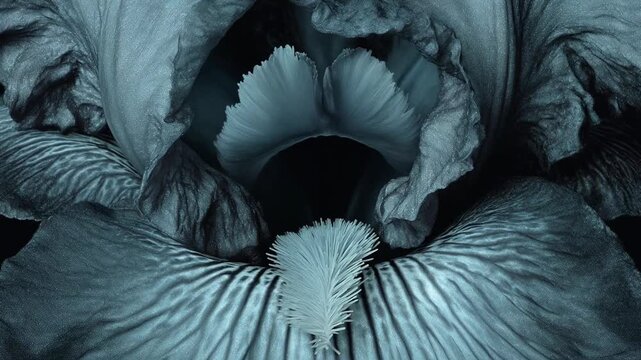 Young woman aging to senior in timelapse concept. Close up of dark blue iris flower petals with textured details and soft lighting in nature