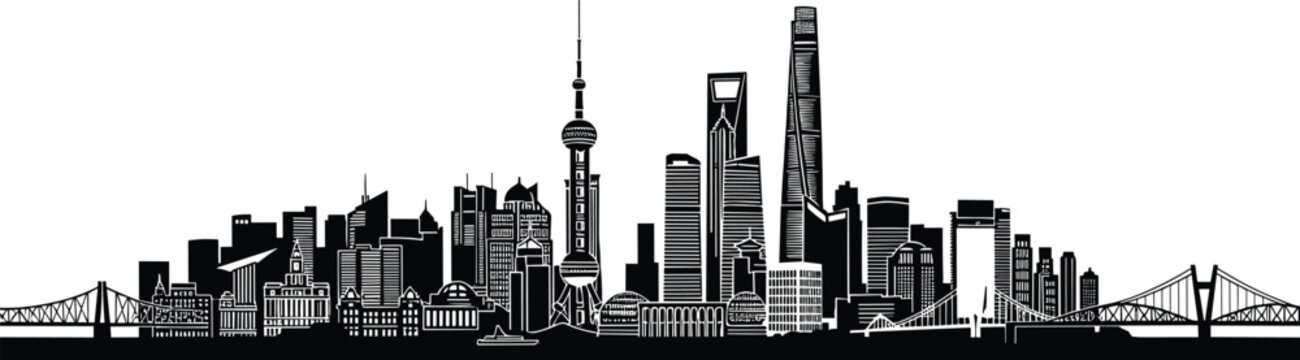 Shanghai China city skyline silhouette vector illustration, featuring Oriental Pearl Tower, financial district skyscrapers, bridges, and urban landmarks, isolated black cityscape design for SEO