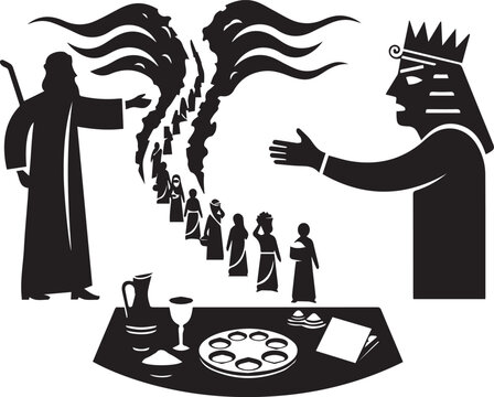 Passover seder vector illustration featuring exodus scenes with people leaving egypt and ritual food