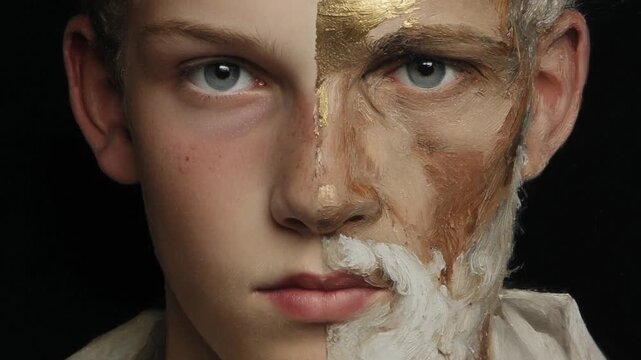 Young woman aging to senior in timelapse concept. Creative portrait combining young man and painted elderly face split in half with artistic contrast