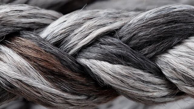 Young woman aging to senior in timelapse concept. Close up of natural textured twisted rope fibers in gray and brown tones for industrial and nautical use